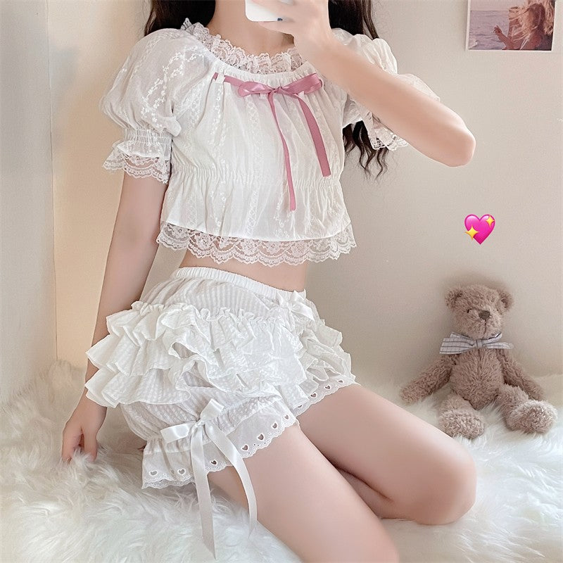 Kawaii Gothic Summer Lace Shorts Women Vintage Elastic Waist Lolita Y2k Hot Pants Girls Bow Ruffles Casual White Black Shorts