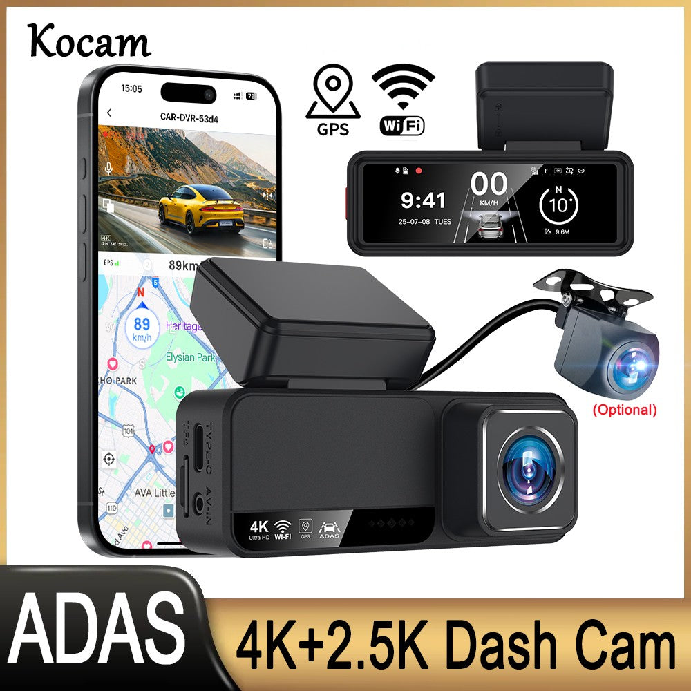 Kocam Dash Cam 4K 3,2 polegadas Mini Carro DVR Lente Dupla Com GPS WIFI ADAS Estacionamento 24h Câmera de Ré 2.5K Visão Noturna Caixa Preta
