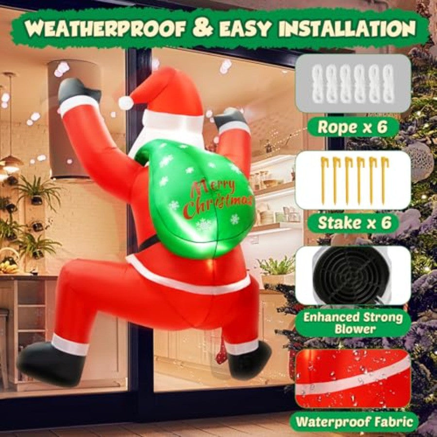 6FT Christmas Inflatable Decorations Hanging Santa Built-in Bright LEDs, Climbing Santa Claus with Gift Bag Christmas Roof Blow