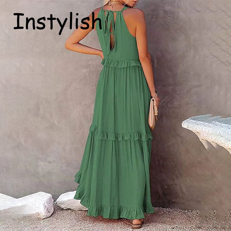 Women Casual Solid Ruffles Long Dress Summer Elegant Sleeveless Sundress Elegant