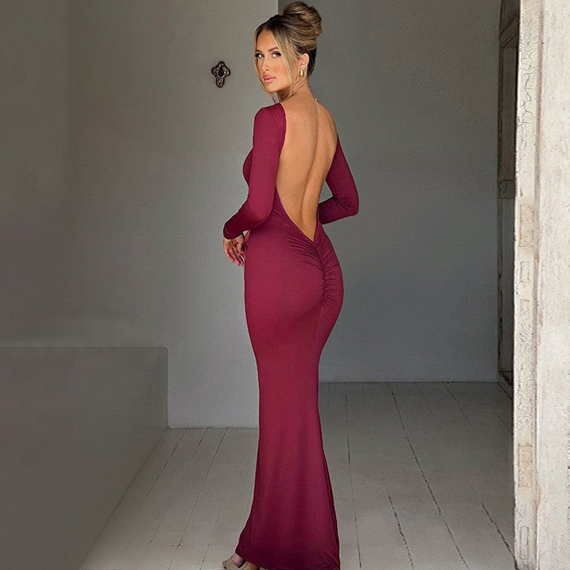 Hugcitar Spring Elegant Long Sleeve Backless Solid Cuched Sexy Bodycon Maxi Prom