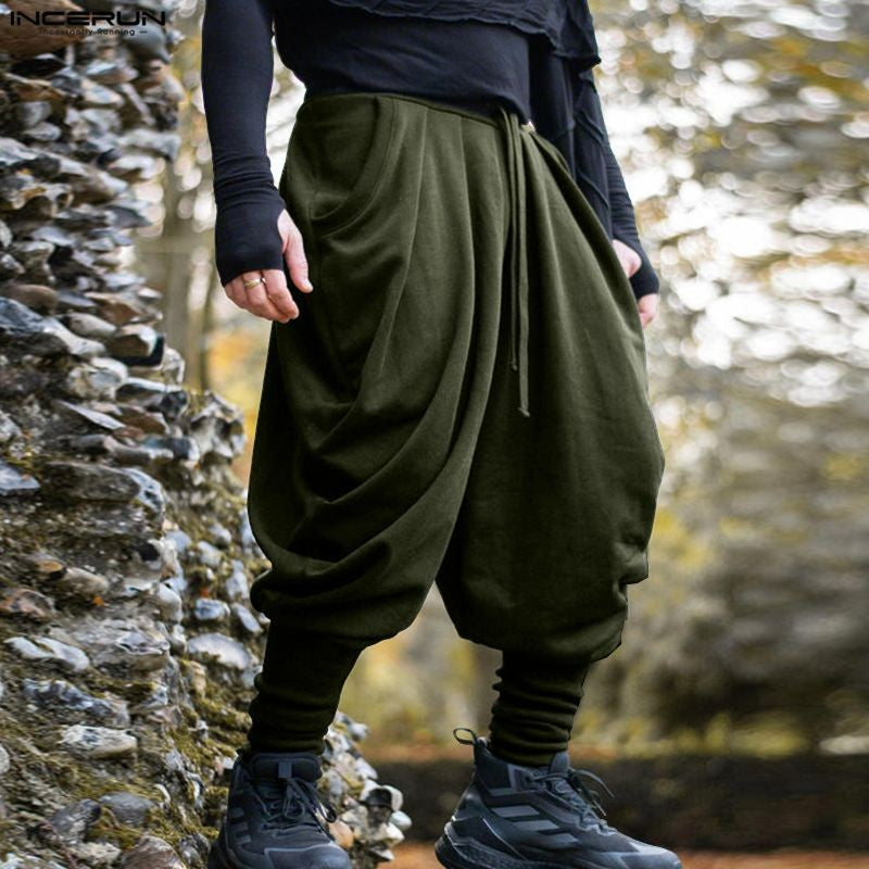 INCERUN Men Pants Solid Color Drawstring Joggers Casual Male Harem Pants Streetwear Loose Fashion Leisure Trousers Men S-5XL