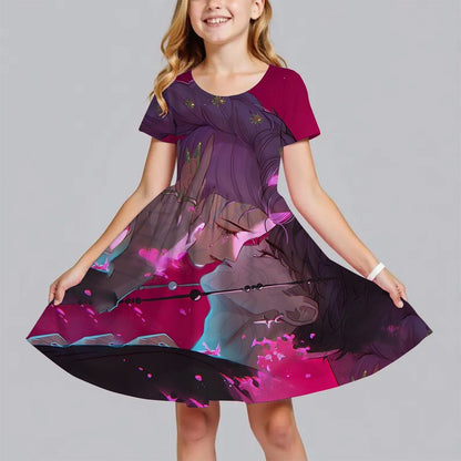 Summer Fashion Polyester Lightweight Cartoon Cute Huntrix Kpop Demon Hunters Printed Girl's Dress Short Sleeved Princess Dress