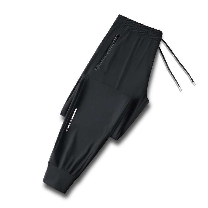 Calça jogging masculina com cordão na cintura, fresca, de secagem rápida e respirável, calça esportiva da moda de alta elasticidade, adequada para fitness