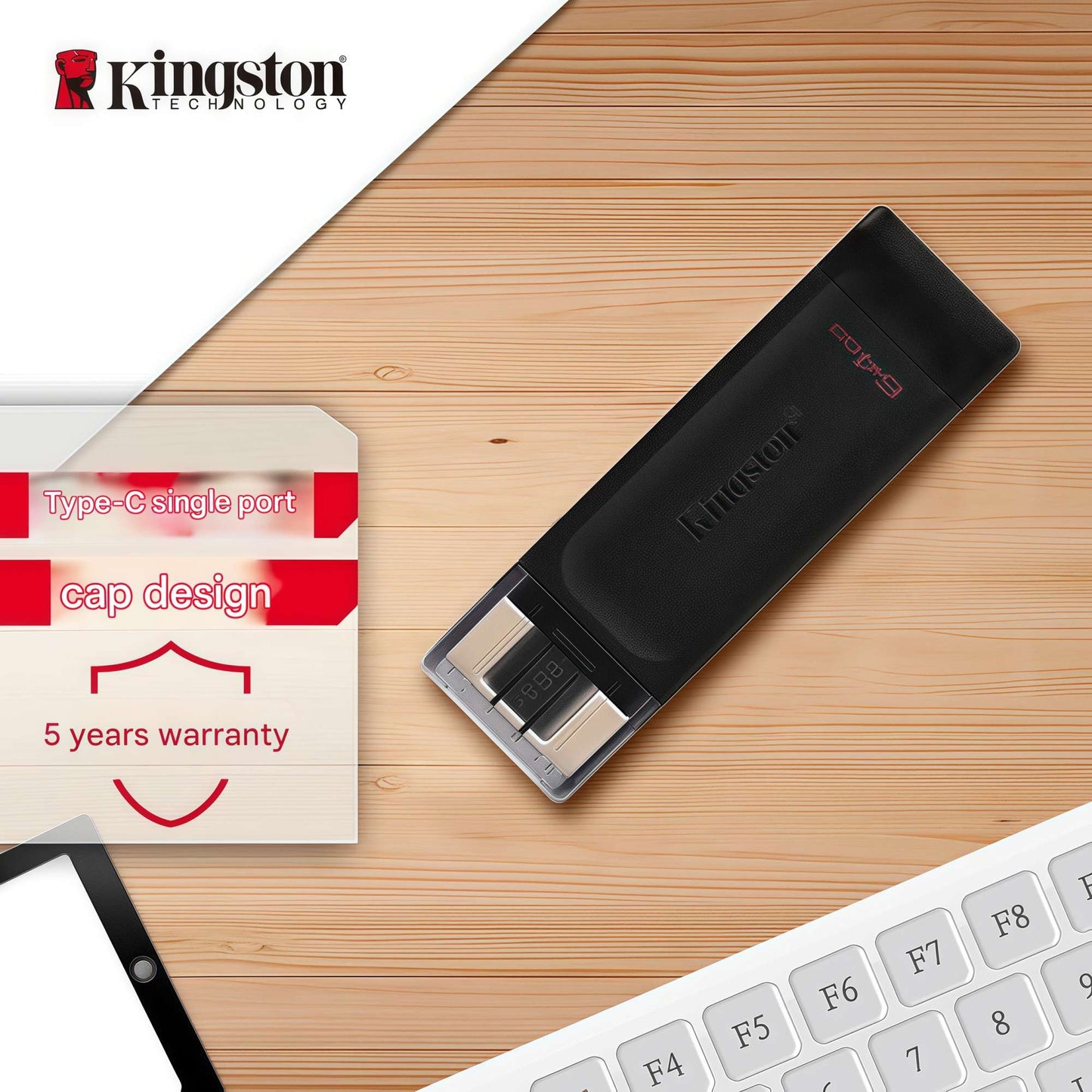 Unidade flash USB 3.2 Gen1 Tipo C de alta capacidade Kingston, preta, compatível com Android, Apple, carro, celulares e PC