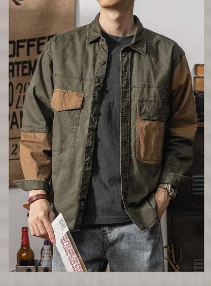 Spring and autumn new American vintage khaki loose long-sleeved shirt Japanese casual cargo shirt men's patchwork trend top