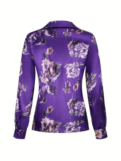 Elegant Intellectual Women's Satin Floral Print Shirt | Soft & Smooth V-Neck Long-Sleeve Button Formal Top for Spring