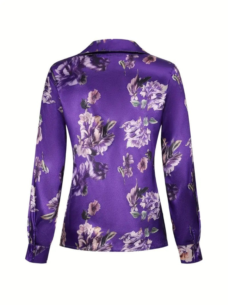 Elegant Intellectual Women's Satin Floral Print Shirt | Soft & Smooth V-Neck Long-Sleeve Button Formal Top for Spring