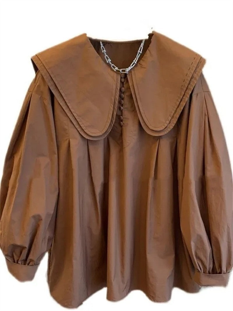 Retro Women Loose Fashion Top Lady Lantern Sleeve Shirt Jacket Spring Autumn Female Doll Collar Cardigan Blouse Coat