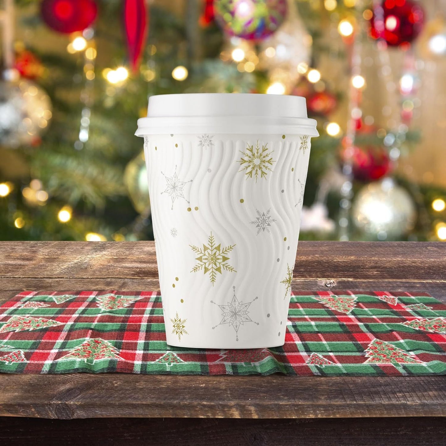 [100 CONJ] Copos de Café de Natal Harvest Pack 350 ml, Copos de Papel Descartáveis de Inverno com Flocos de Neve Brancos, com Parede Ondulada Isolada P