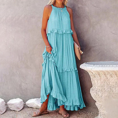Women Casual Solid Ruffles Long Dress Summer Elegant Sleeveless Sundress Elegant