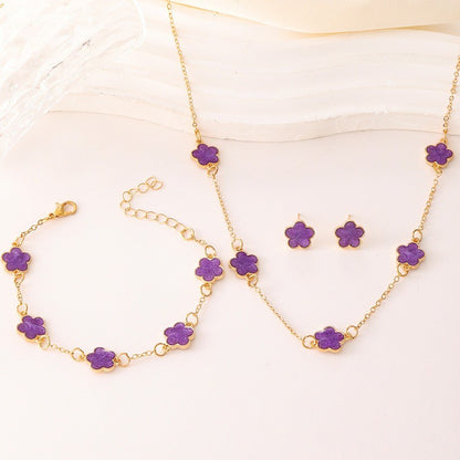 3pçs/conjunto Colar, Pulseira e Brincos de Flor de Cinco Pétalas da Sorte para Mulheres Elegante Trevo Moda Festa Joias Presentes Acessórios