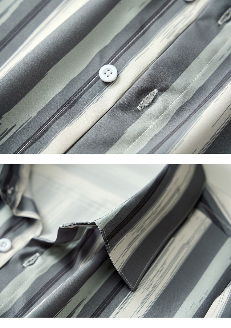 Men's White Vertical Stripe Long Sleeve Shirts, Single Breasted Lapel Shirt, Blue Gray Red Khaki Available, European Size S-XXL