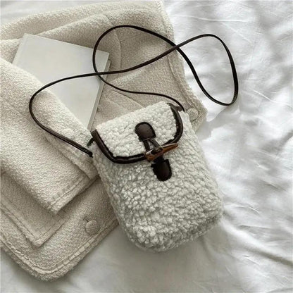 1 Pcs Women's Retro Lamb Fleece Bag Color Blocking Minimalist Mobile Phone Bag Single Shoulder Crossbody Small Bag