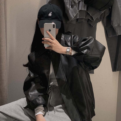 Sli Loose PU Leather Jaet Women's Chic Retro Collar Versatile BF Sle Motorcycle Clothes Trendy Long Sve Zipper