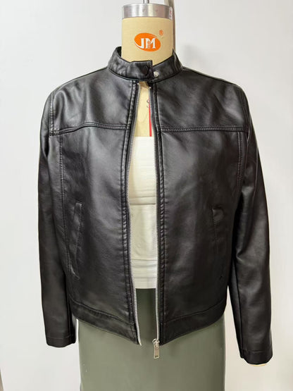 Black Women's Fitted Leather Jacket with Front Zipper & Side Pockets?, Available in Brown, Navy Blue, and Beige.