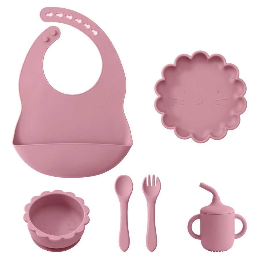 Color Kids Baby Feeding Set Solid Color Utensils Waterproof Bib Cartoon Lion Shape Sucker Dishes Plate Feeding Bowl Spoon Cup