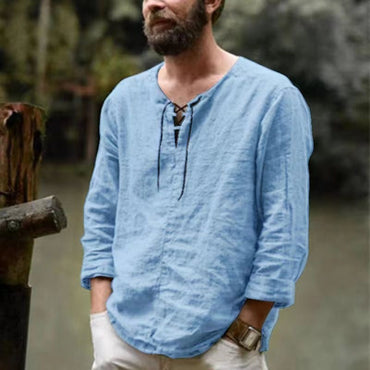 New Men's Cotton Linen shirt Male Solid Color V Neck bandage T-shirts Summer Men's Casual Long Sleeves Linen shirt Tops S-3XL