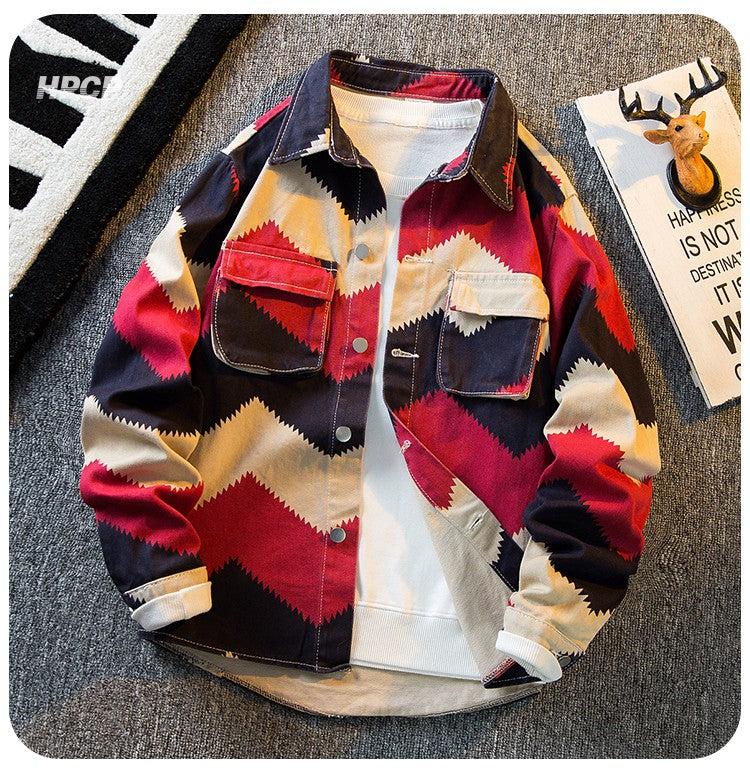 American Retro Diamond Denim Shirt Men Clothing Autumn Polo Neck Trendy High Strret Loose Casual Blouses Cargo Jacket for Men
