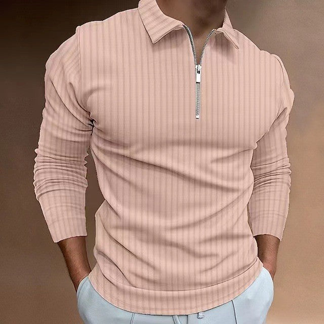 2024 New Men's Autumn And Winter Solid Color Lapel Leisure Sports Polo Shirt Zipper Striped Long Sleeve High Elasticity