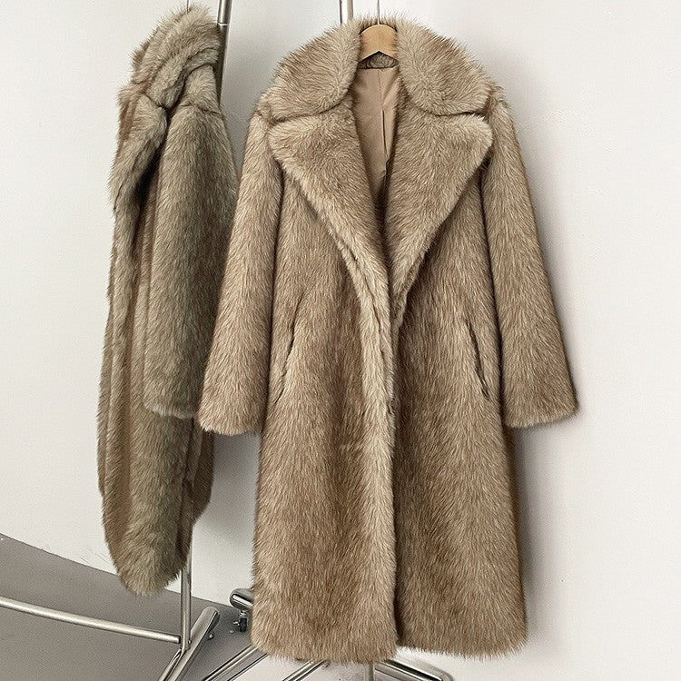 Mueyeruho 2025 Winter Women Faux Fur Jacket Coat Solid Khaki Long Sleeve Thick Warm Overcoat Outwear Fluffy Coat For Women
