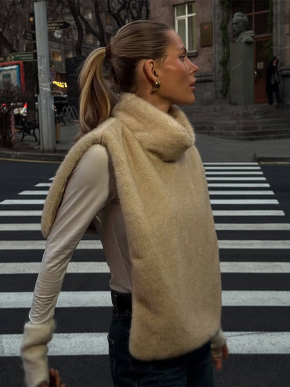 Women Solid Faux Fur Vest Crop Top Fashion Turtleneck Fluffy Short Tank Tops 2025 Winter Lady Elegant Sleeveless Jacket Coat