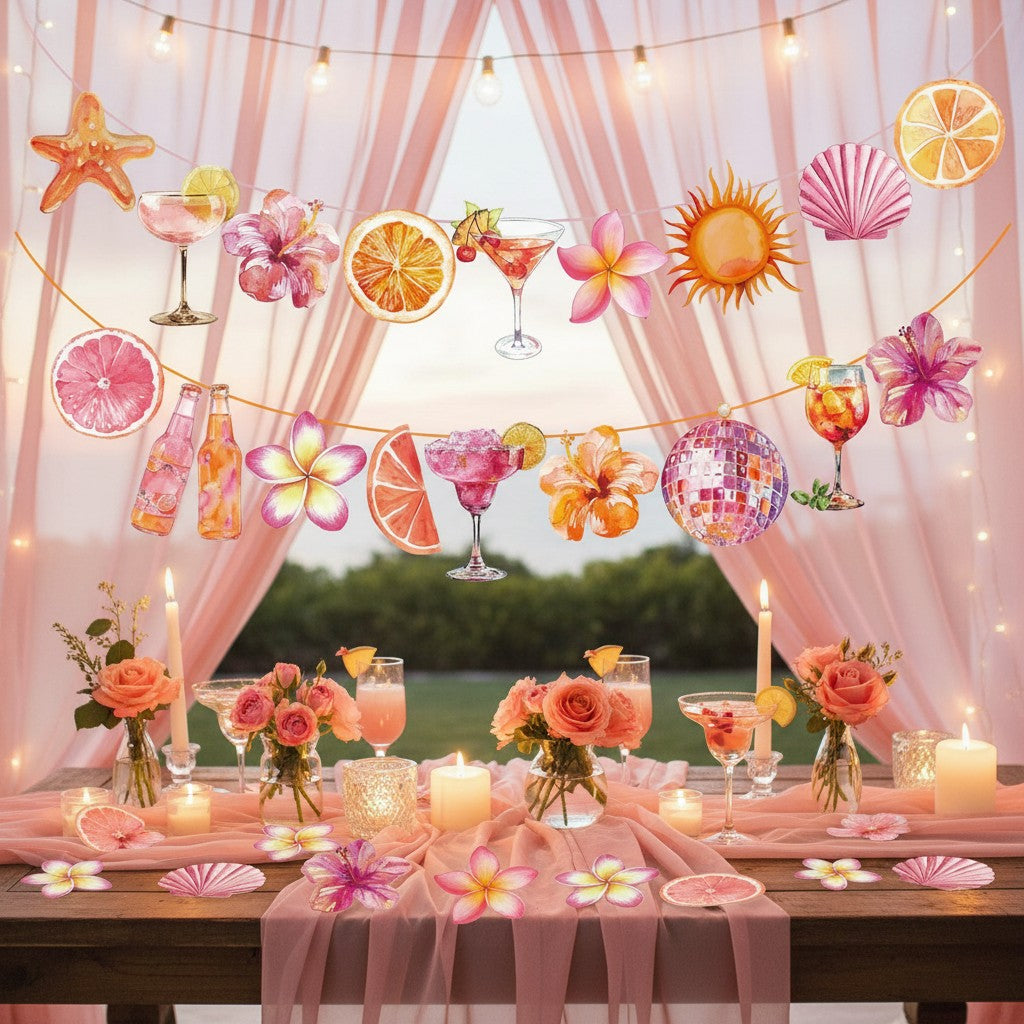 Orange Hawaiian Luau Flowers Lemon Citrus Garland Banner Tropical Aperol Spritz Cocktail Beach Bar Honeycomb ornament Decor