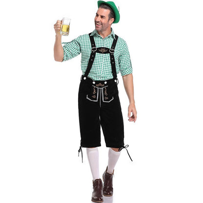 Germany Oktoberfest Costumes Adult Men Traditional Bavarian Beer Shorts Outfit Overalls Shirt Hat Suspenders Set Halloween Cloth