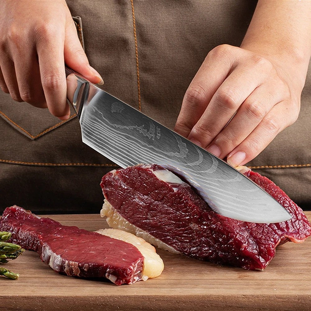 Conjunto de Facas Japonesas com Bloco e Amolador de 8 polegadas, Facas de Cozinha de Aço Damasco a Laser com Tesoura de Cozinha e Cabo de Madeira