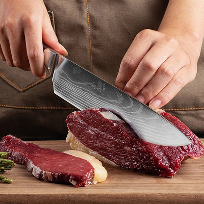 Conjunto de Facas Japonesas com Bloco e Amolador de 8 polegadas, Facas de Cozinha de Aço Damasco a Laser com Tesoura de Cozinha e Cabo de Madeira