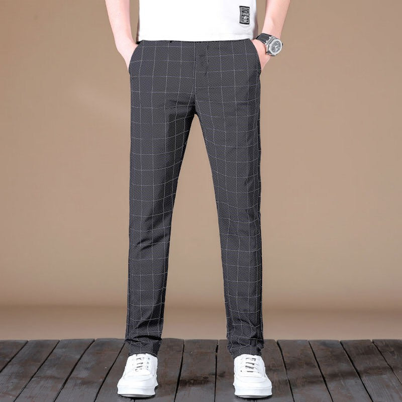 Calças de Seda Gelo Negócio Retas Elástico na Cintura Calças Pretas e Cinzas Respiráveis Roupa Masculina Simples Calças de Terno Casuais Outono Quente