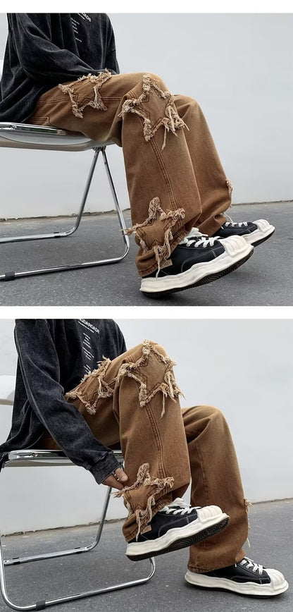 2025 Novas Estrelas da Moda Toalha Bordada Calças Jeans Marrons Masculinas Roupa Y2K Calças Retas Hip Hop de Algodão Pantalon Homme