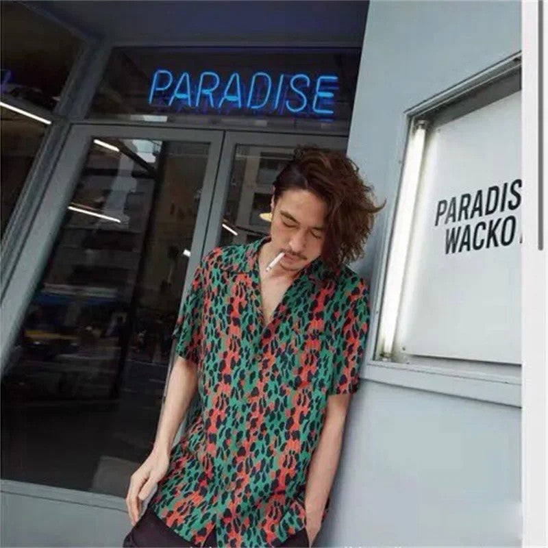Classics Summer WACKO MARIA Shirts Full Print Leopard Rayon Short-sleeved Real Photos Hawaiian Shirt for Men Women