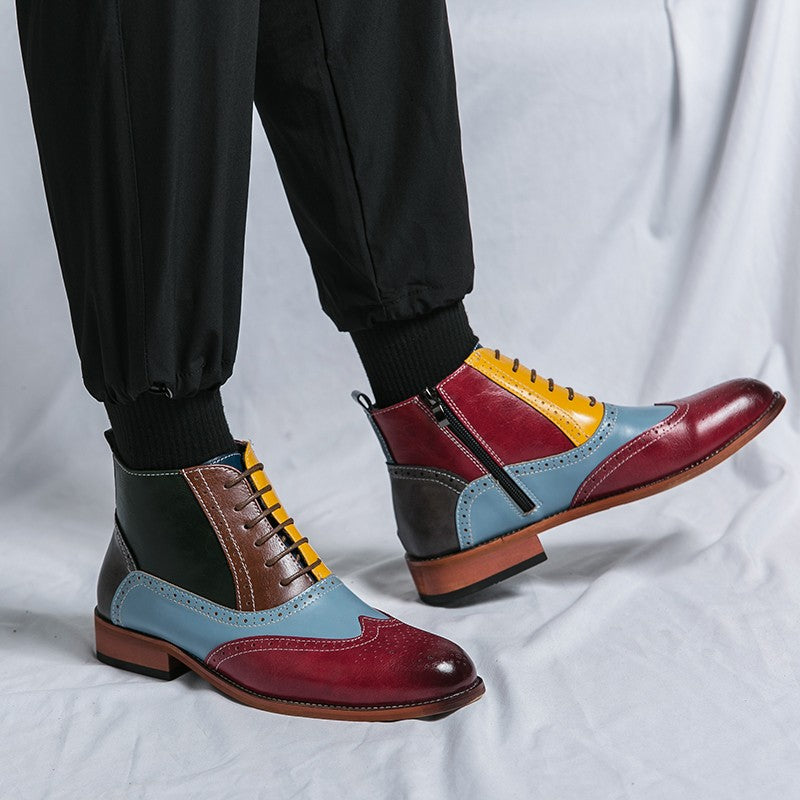 Luxury Fashion Men Leather Boots Flats British Style Sharp Pointed Color Matching Men Shoes Mens Slip-on Outdoor Flats Size 48