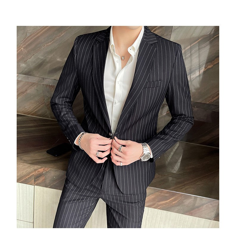 Men's Fashion High-Quality Slim Fit Two-Piece Suit Set Spring Autumn Stripes Business Casual Trousers And Jacket Combo