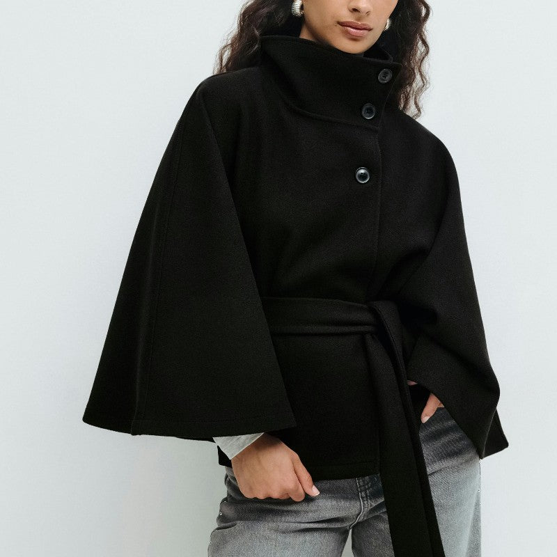 chic vintage cape jacket with belt stand neck single breasted loose coat loose flare sleeve coats early lady autumn Y2K outwears