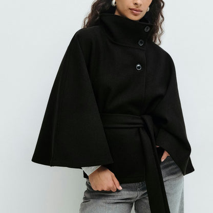 chic vintage cape jacket with belt stand neck single breasted loose coat loose flare sleeve coats early lady autumn Y2K outwears