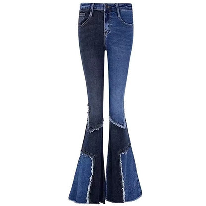 Women Contrast Patchwork Flared Jeans Ladies Stretch High Waist Skinny Boot-Cut Trousers Mujer Fashion Denim Pants Size S-2XL