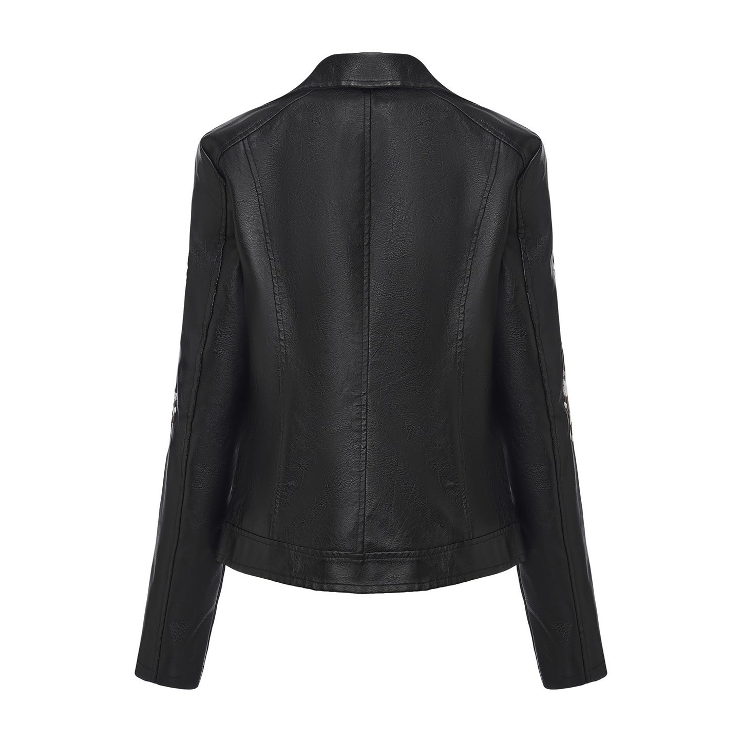 New Fall Women's Black Embroidered PU Jacket, Street-Style Brown Faux Leather Coat, Fashionable Beige Long Sleeves Top.