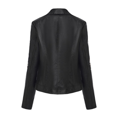 New Fall Women's Black Embroidered PU Jacket, Street-Style Brown Faux Leather Coat, Fashionable Beige Long Sleeves Top.