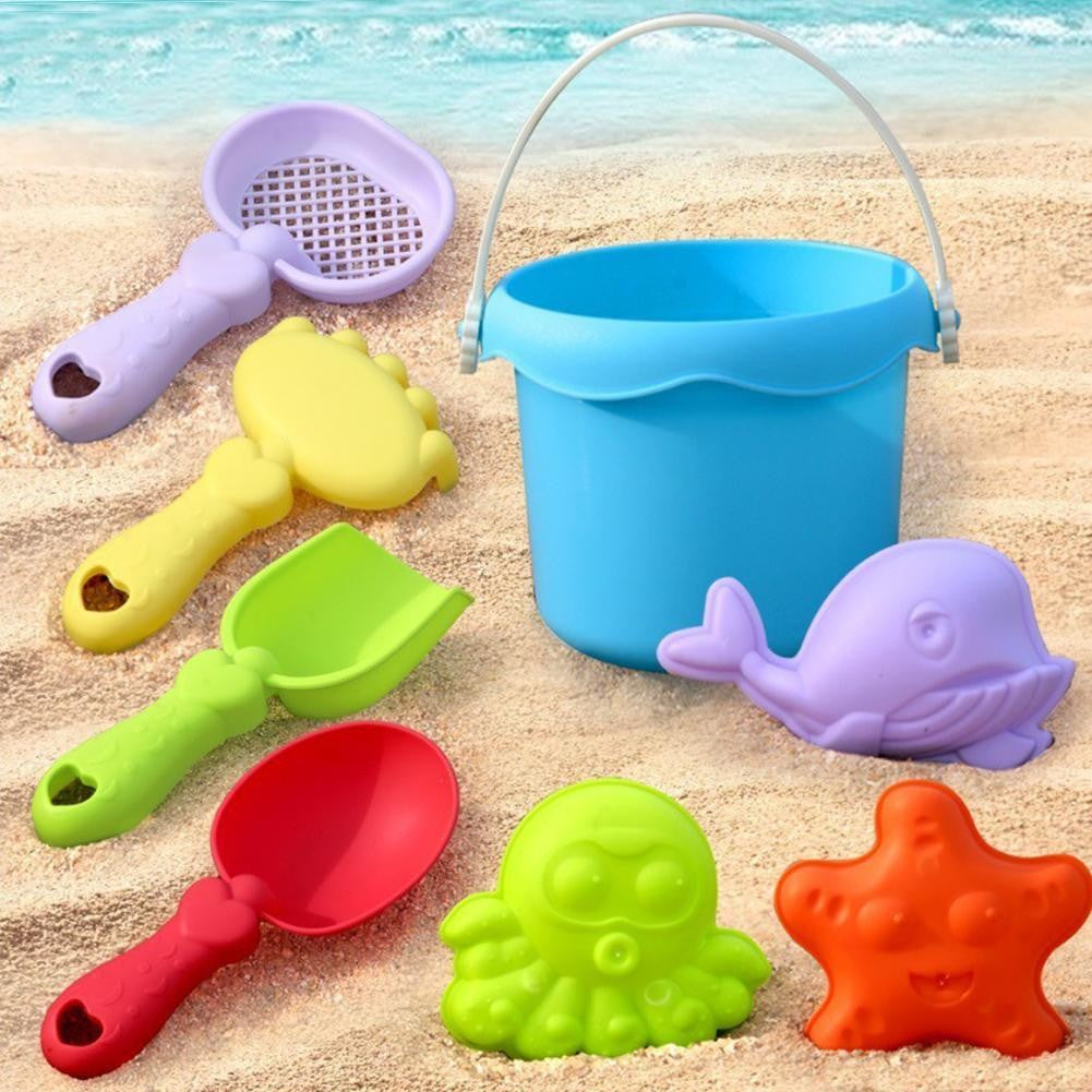 Beach Toy Set for Kids Plastic Sand Play Set with Bucket, Shovels, Molds Sea Creature Molds, Smooth Edges, Bright Colors
