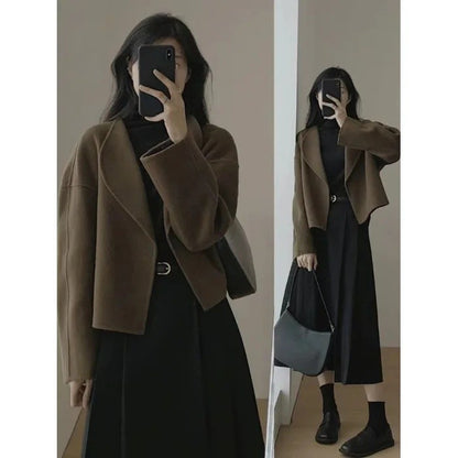 Hebe Style Short Thickened Double-Faced Cashmere Woolen Coat Women's Autumn Winter Fashion Small Size Suit Elegant Feel