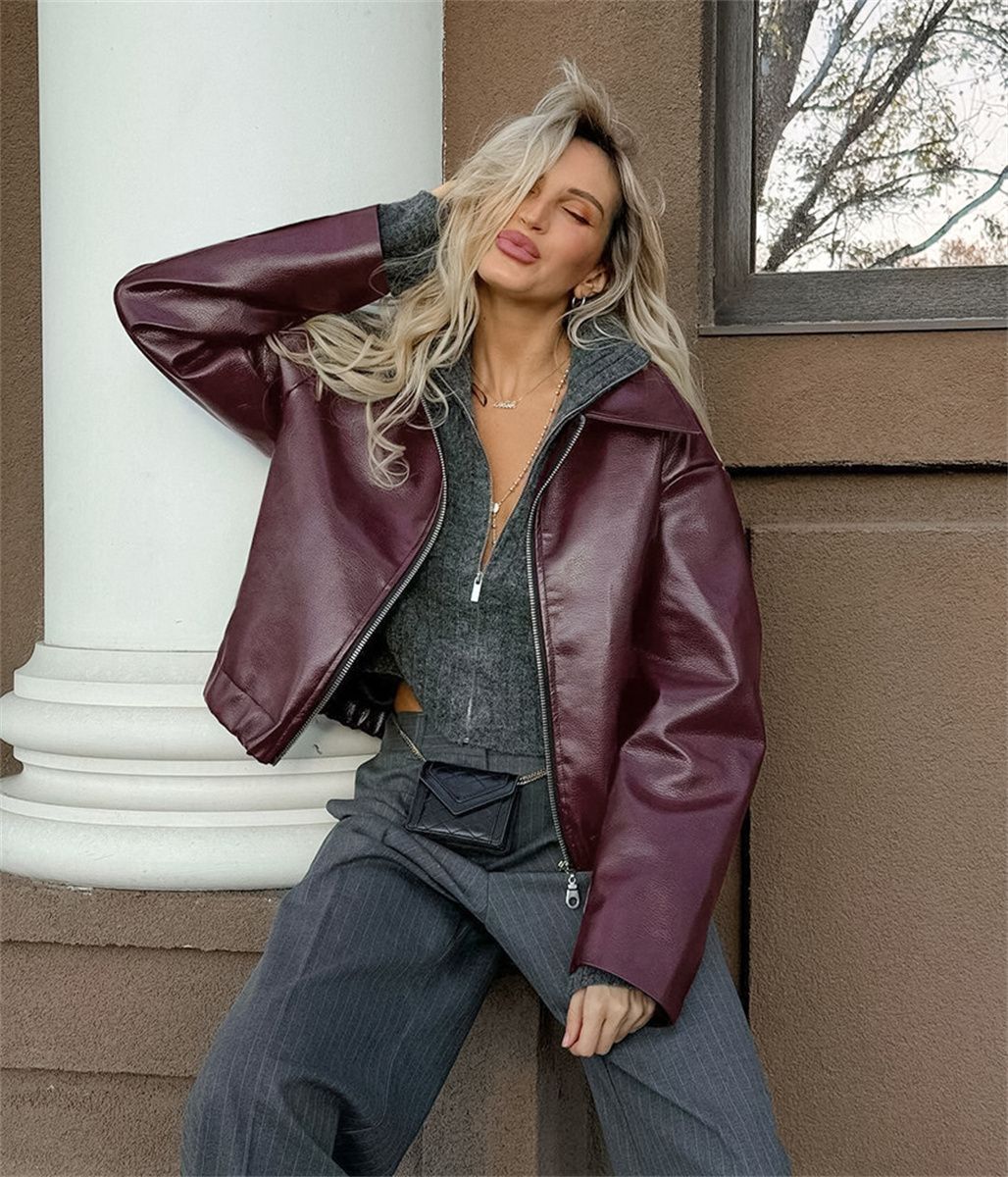 Jaqueta Feminina de Couro Sintético Vermelho Vinho Vintage, Casaco Moderno com Zíper e Lapela, Casacos de Outono Inverno, Blusas Curtas Femininas Estilo Streetwear