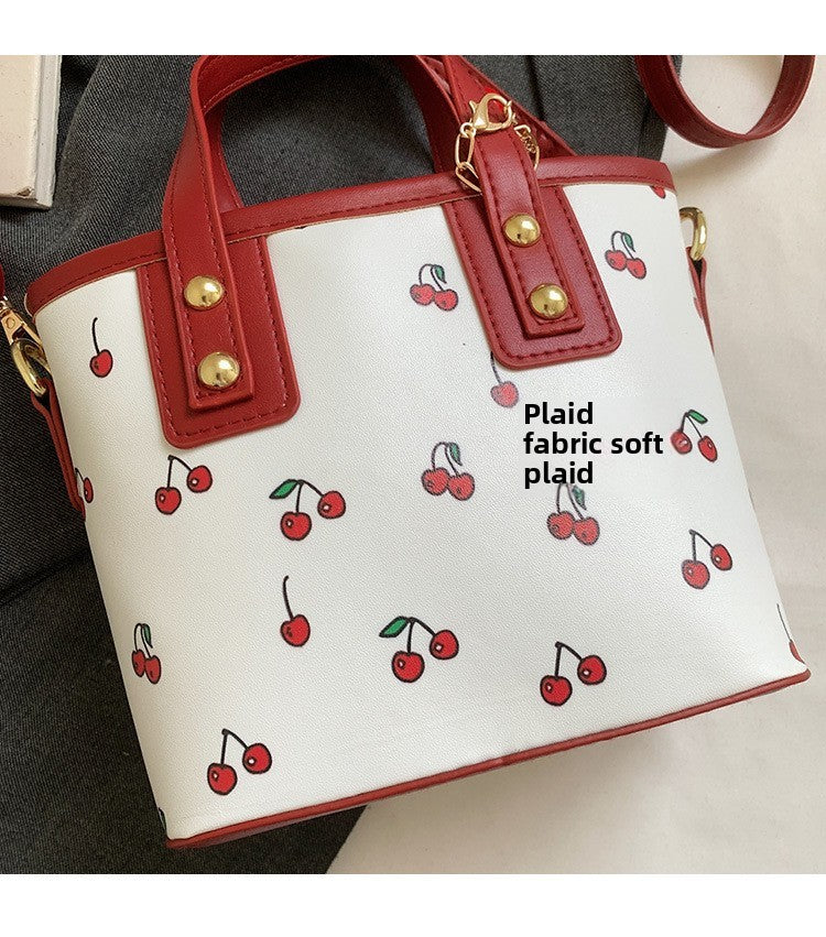 Women PU Cherry Shoulder Bag Large Capacity Trendy Commuting Bag with Cherry Pendant Stylish Crossbody Bag Aesthetic Handbag