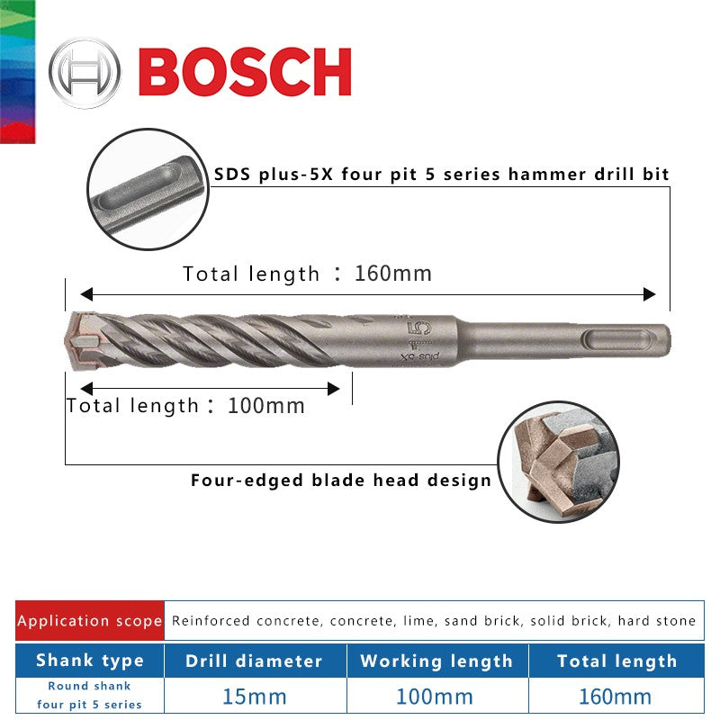 BOSCH Broca para Concreto e Madeira para Martelo Elétrico de Quatro Furos e Duas Ranhuras, de Duas Pontas, Série 5, com Haste Redonda