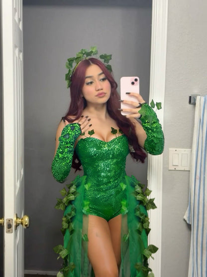 Sexy Halloween Costume Dress Adult Leaf Sequin Dance Dress Mini Skirt V-Neck Sleeveless Polyester Fiber Empire Waistline