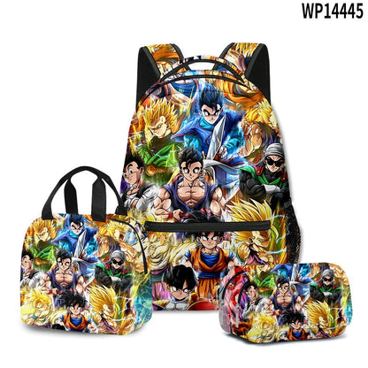 3D Print Dragon Ball Large Capacity Backpack Set Goku Super Saiyan GT Z Lunch Bag Pencil Case for Boys School Travel Picnic 20L