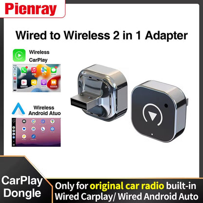 Adaptador Sem Fio CarPlay e Android Auto 2 em 1 Dongle USB Inteligente Wi-Fi BT Conexão Automática Caixa AI Plug and Play para Carros com CarPlay de Fábrica com Fio