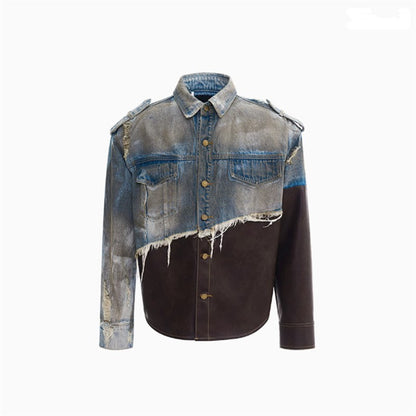 2024 American vintage do old piece-leather destruction denim jacket men fall dirty jacket