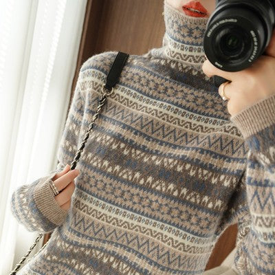 Autumn and Winter New 100% Wool Cashmere Sweater Women's High Neck Pullover Casual Knitted Loose Korean Fashion Color Block Top